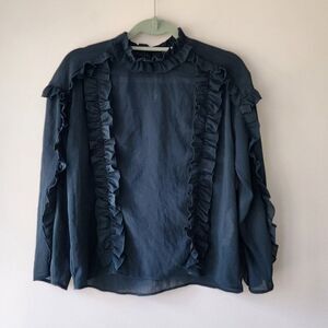 ZARA Women's Long Sleeve Blouse | Small | Green Sheer Ruffles Crew Neck NWT